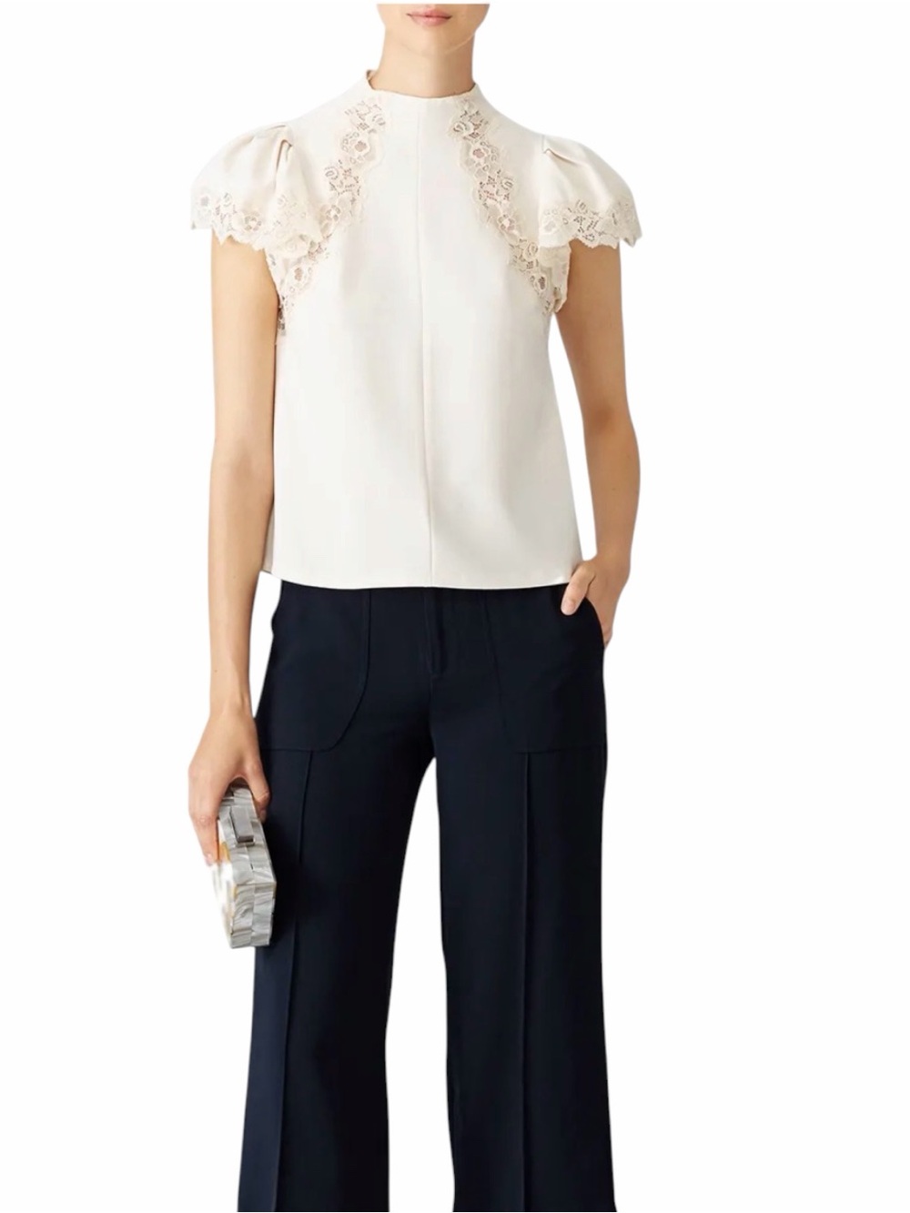 Rebecca Taylor Ivory Lace Trim Mock Neck Flutter Sleeve Blouse Size 8
